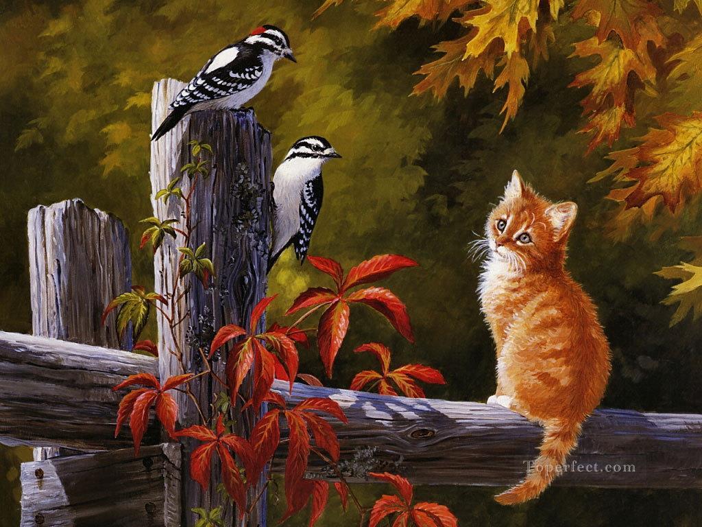 Chat avec des oiseaux Peintures à l'huile